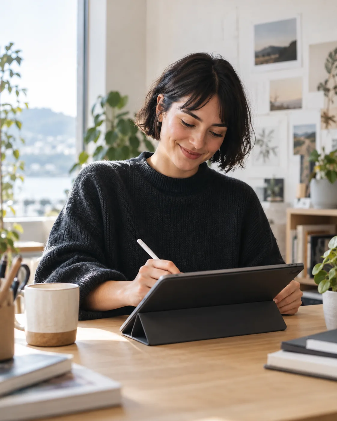 Creative professional sketching on a tablet at her desk