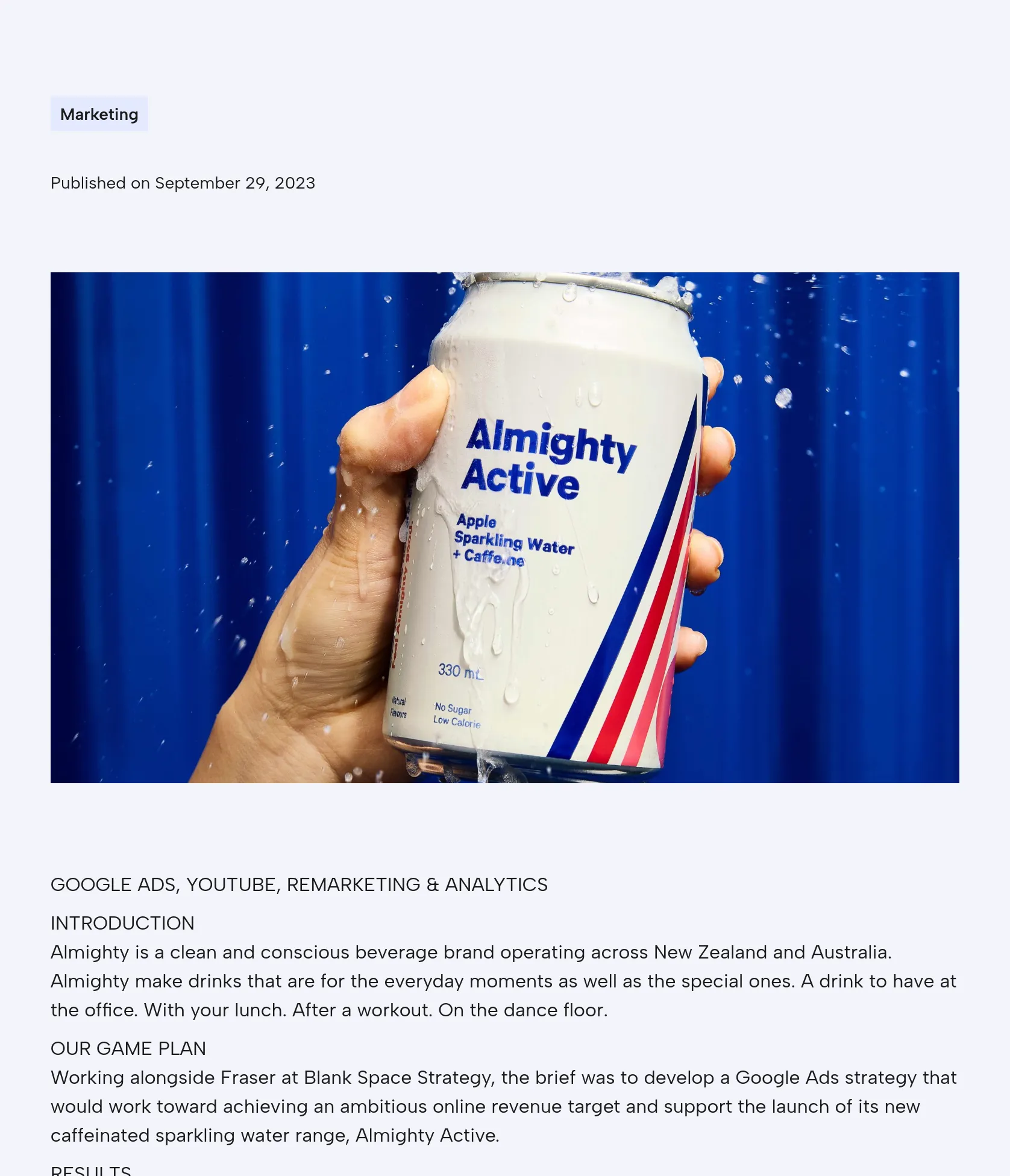 Google Ads & Analytics Campaign for Almighty Beverage Brand screenshot
