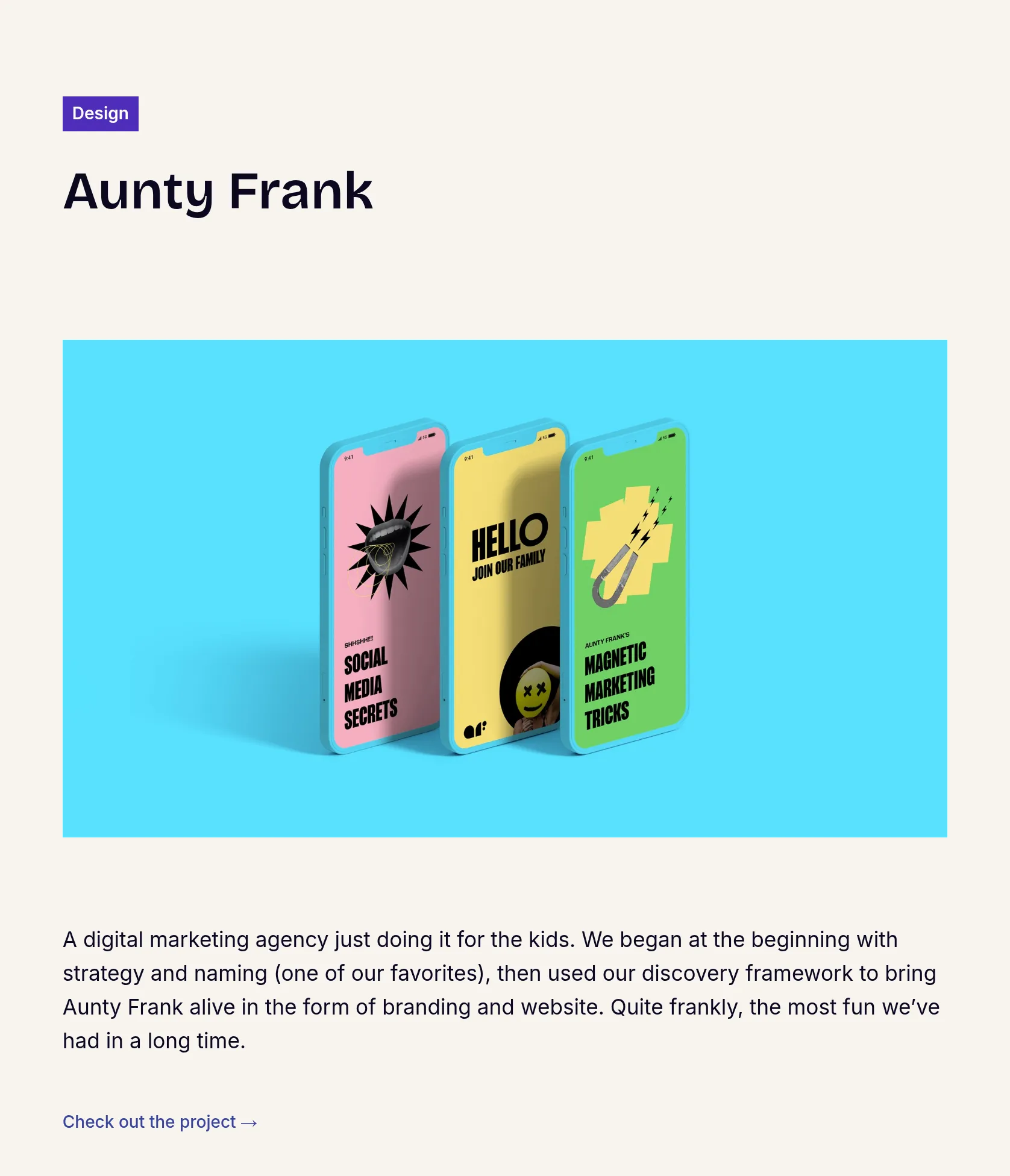 Brand Strategy, Naming, and Website for Aunty Frank