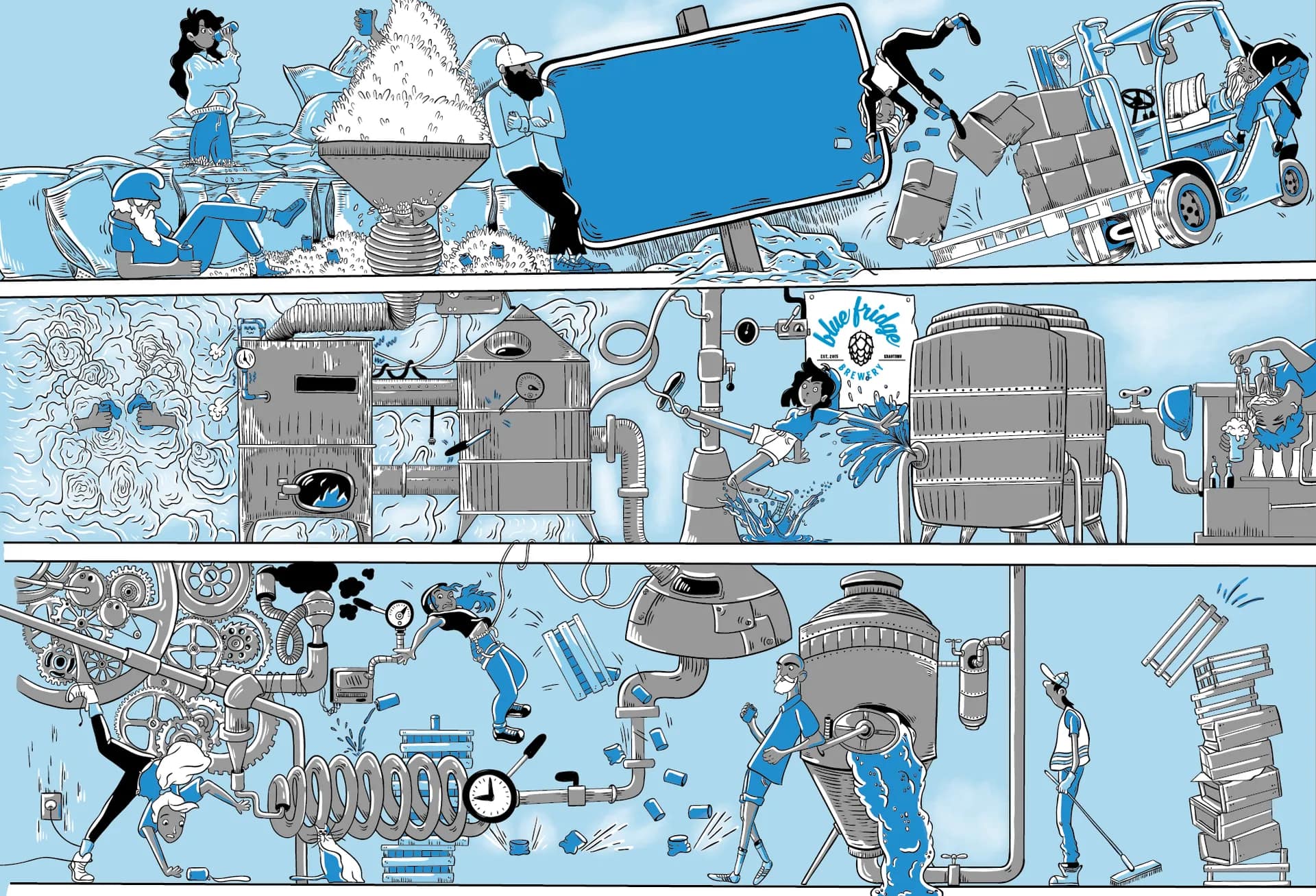 Playful Beer Can Illustration Featuring Brewery Workers