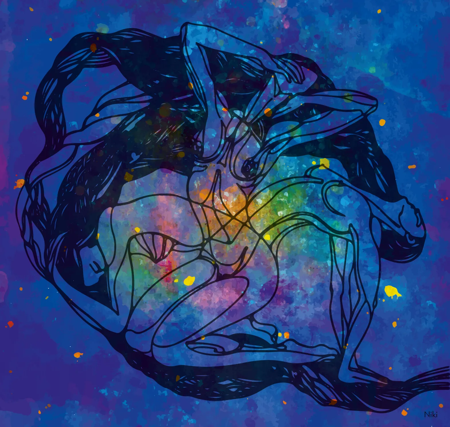 Cosmic Embodiment: Figurative Line Art & Galaxy Abstraction
