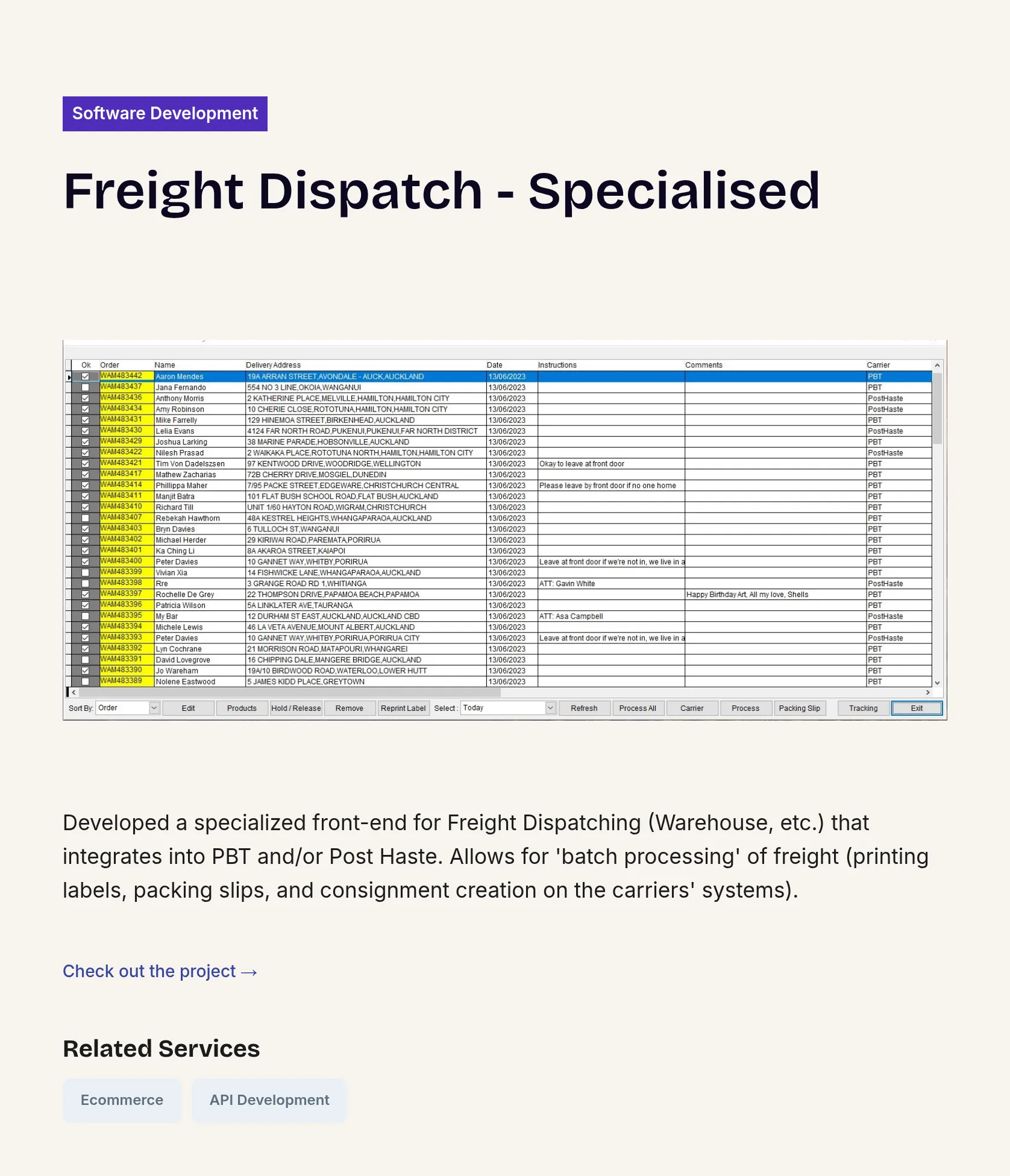 Front-End Freight Dispatch Integration for PBT & Post Haste