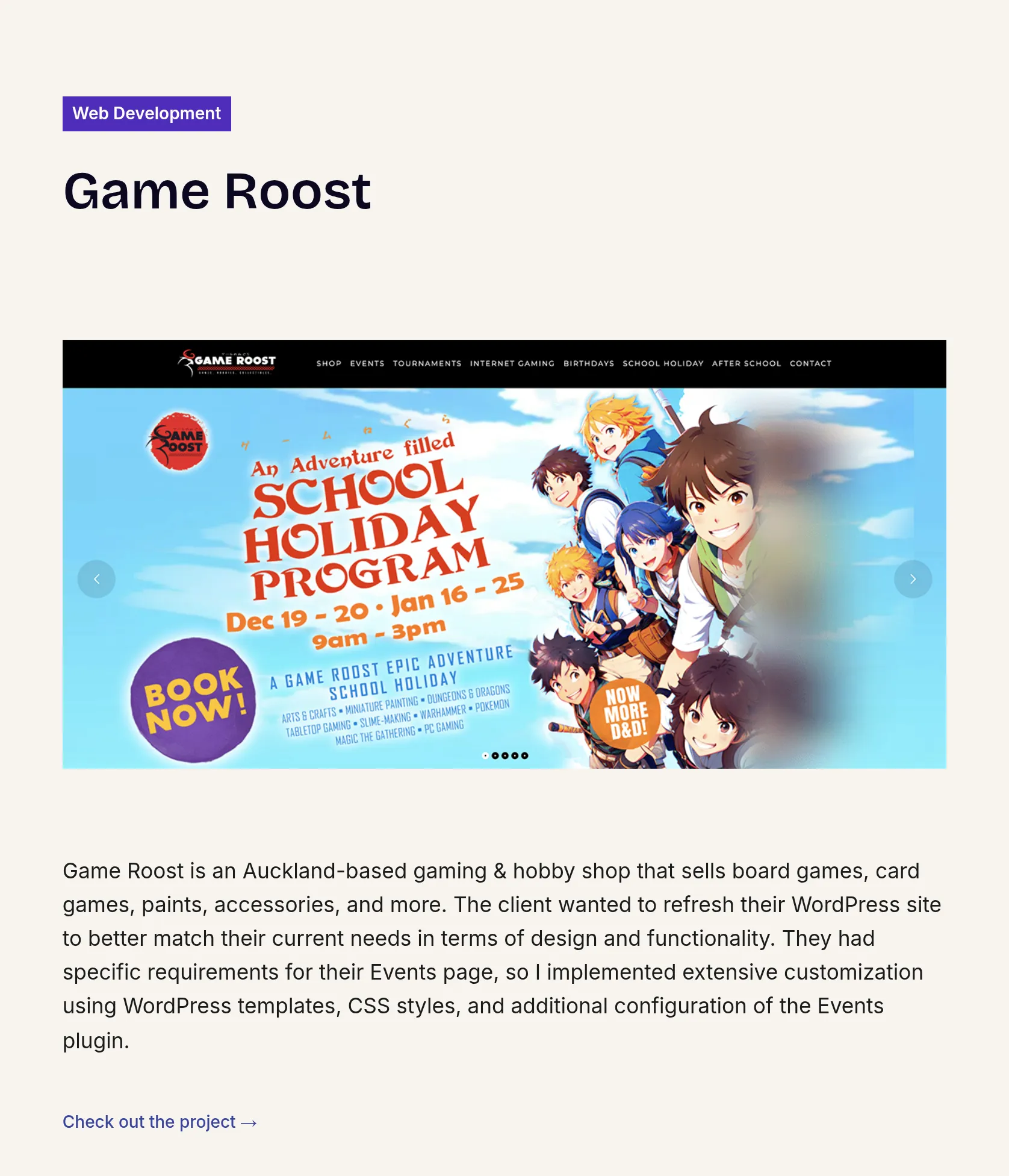 Custom WordPress Redesign and Events Integration for Game Roost