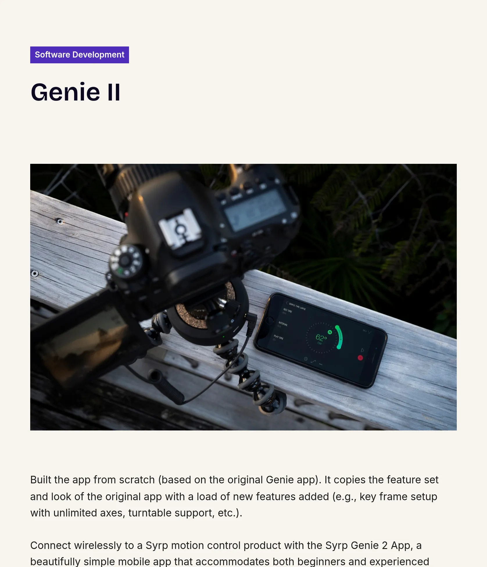 Genie 2 Mobile App Development for Syrp Motion Control