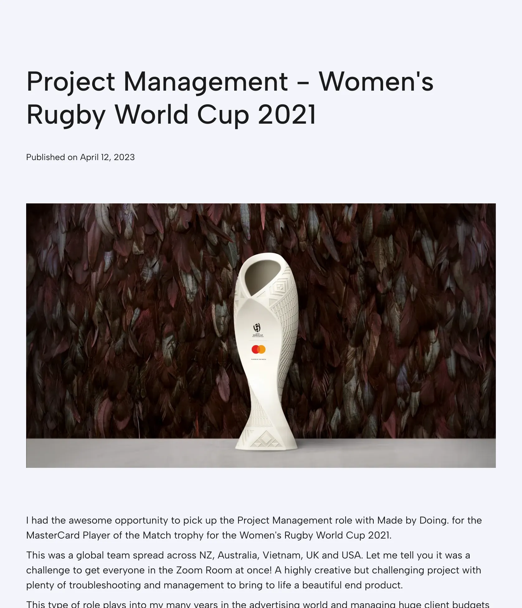 Project Management for MasterCard Player of the Match Trophy – Women's Rugby World Cup 2021