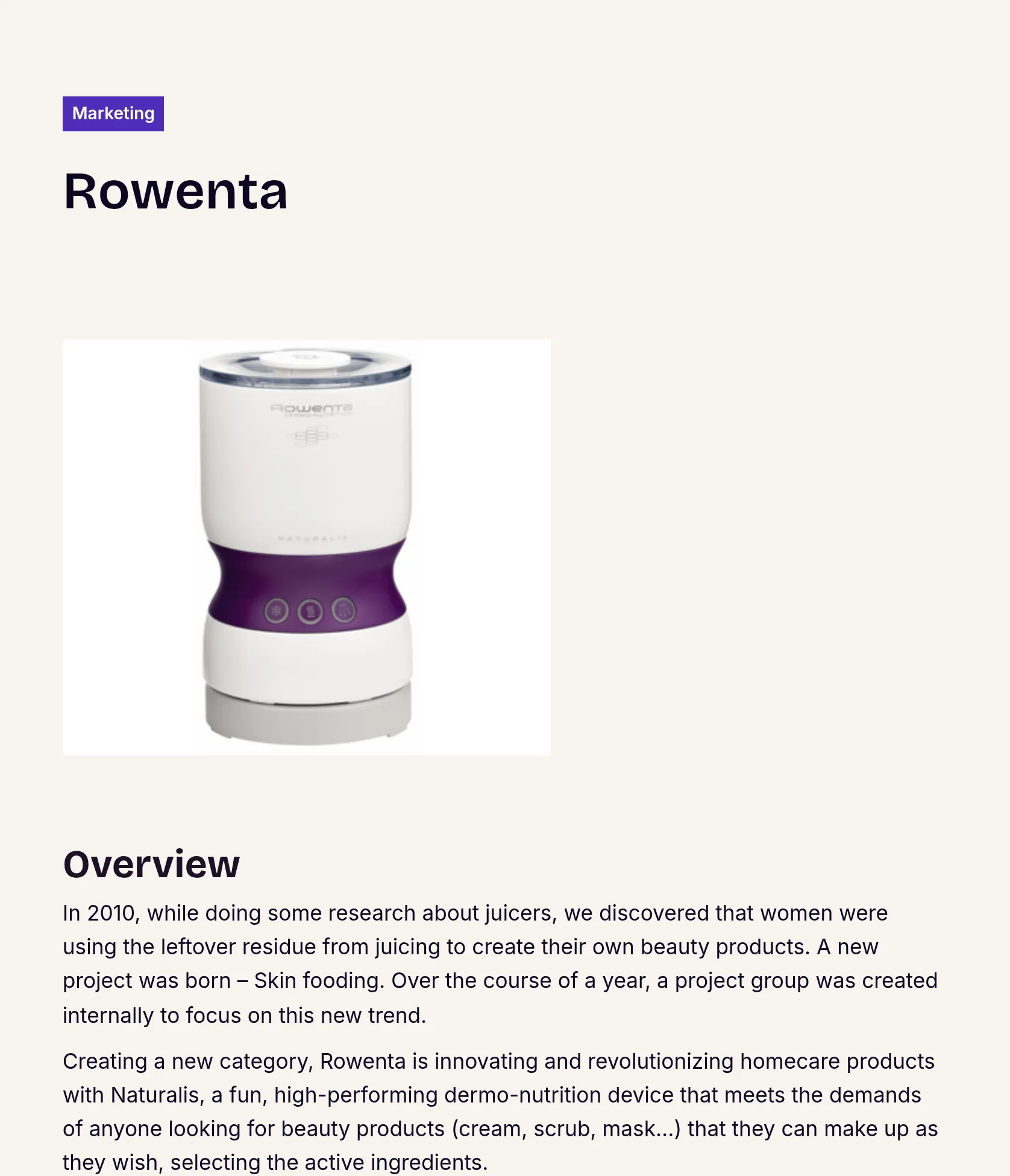 Brand & Product Positioning for Rowenta Naturalis Dermo-Nutrition Device