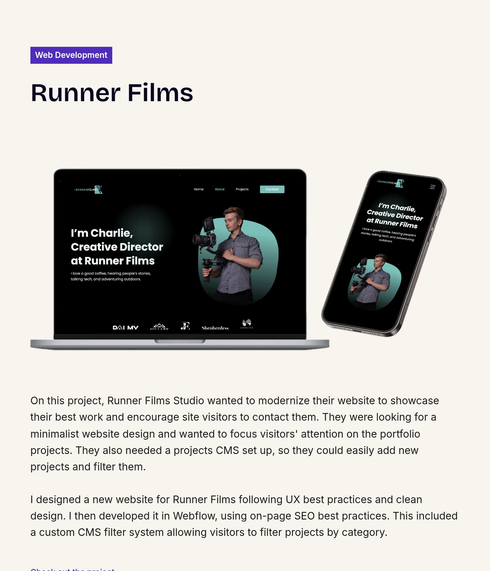 Modern Minimalist Webflow Website for Runner Films Studio