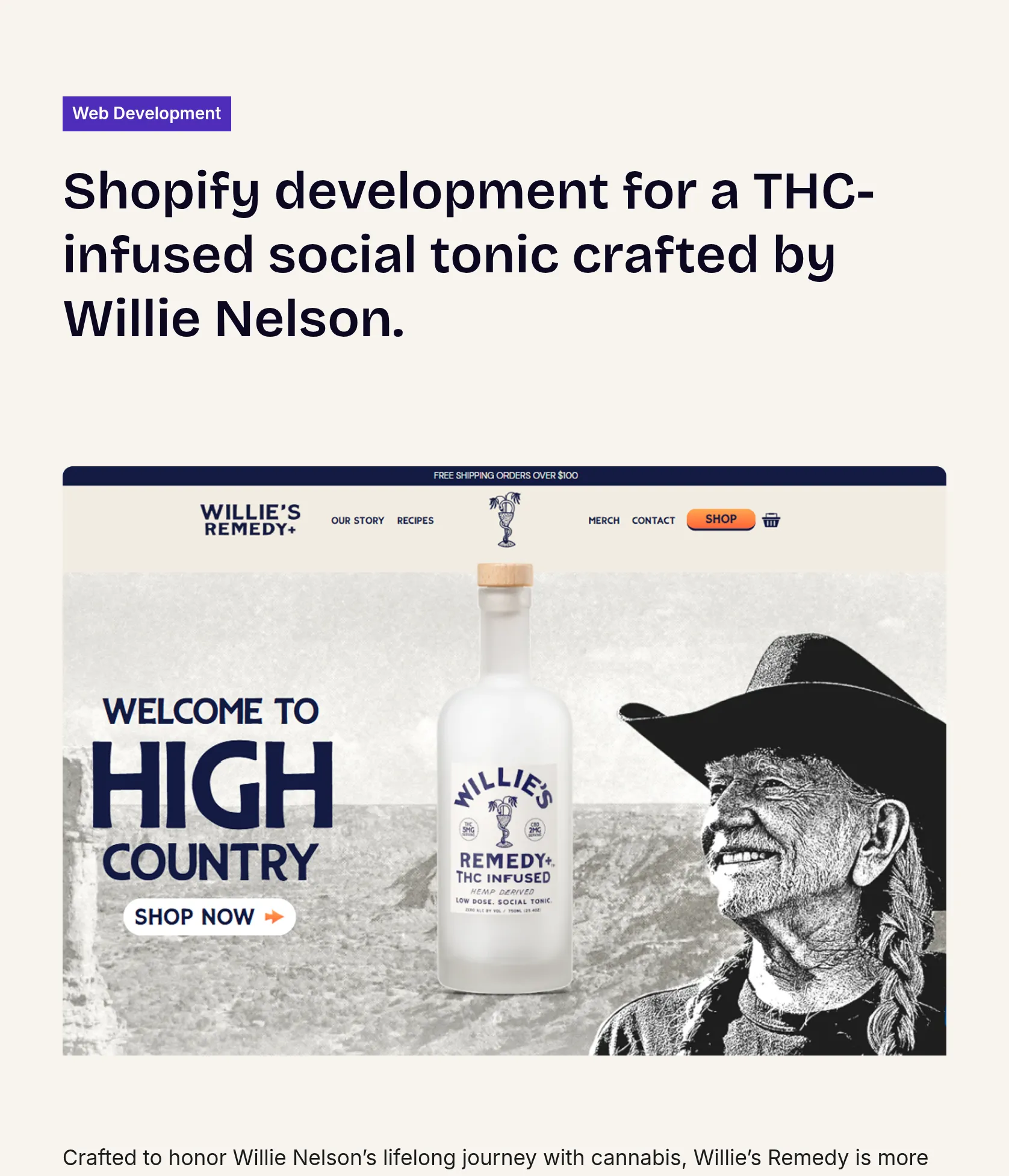 Custom Shopify Store for Willie's Remedy Hemp-Infused Beverages