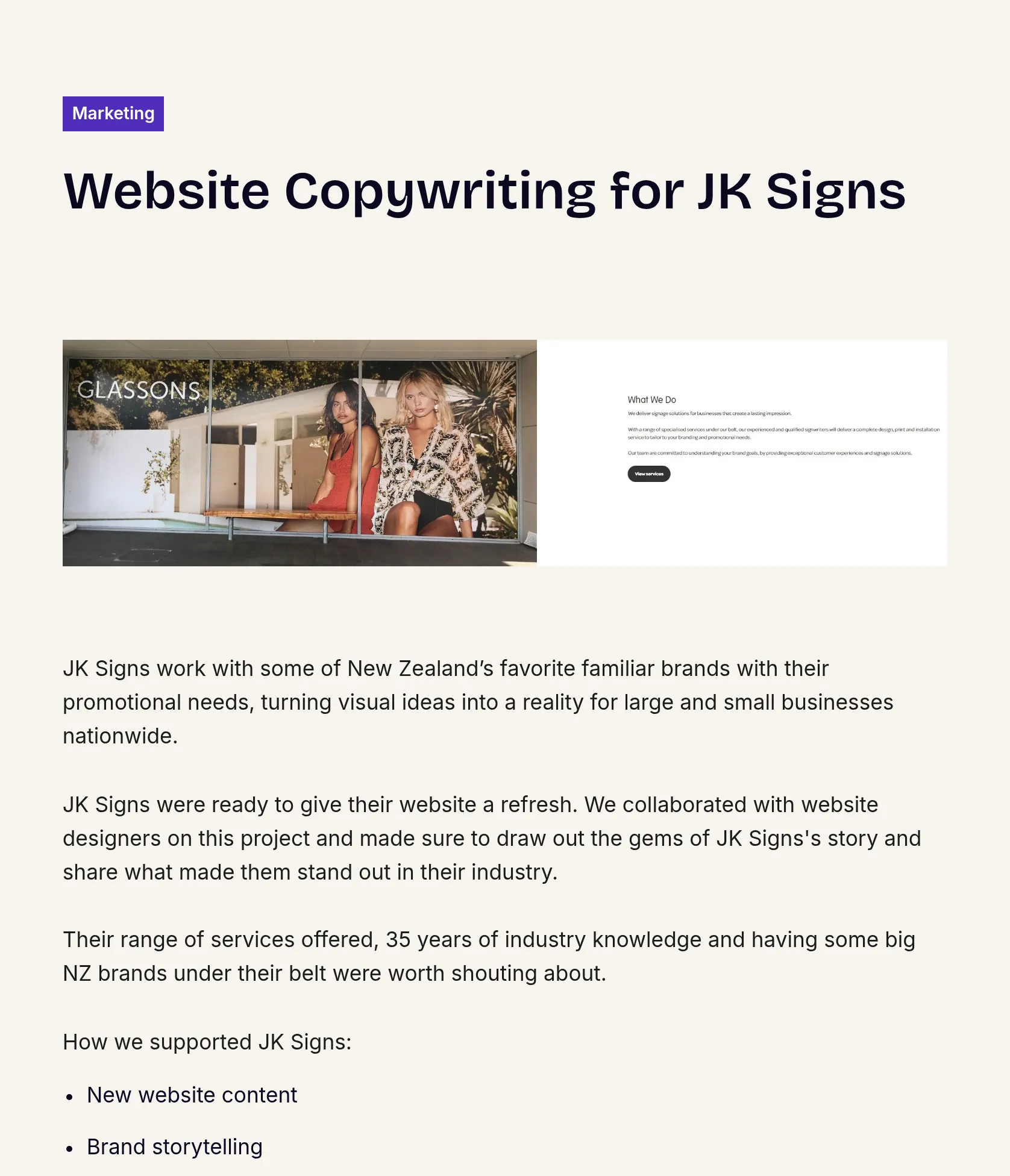Website Content and Brand Storytelling for JK Signs